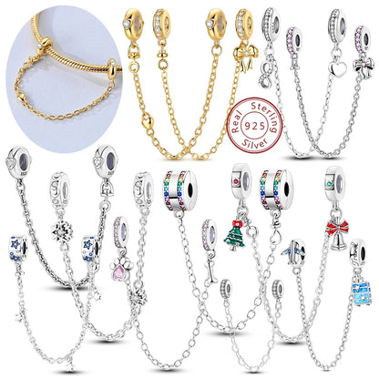 Cadenas de seguridad y clips de plata de ley 925 para pulsera