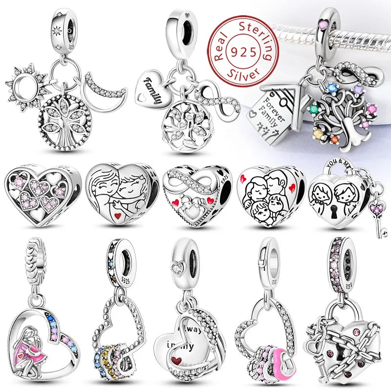 Charms de plata de ley 925 para pulsera · Corazones y familia