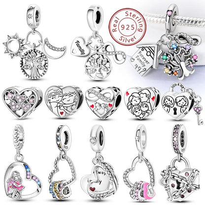 Charms de plata de ley 925 para pulsera · Corazones y familia